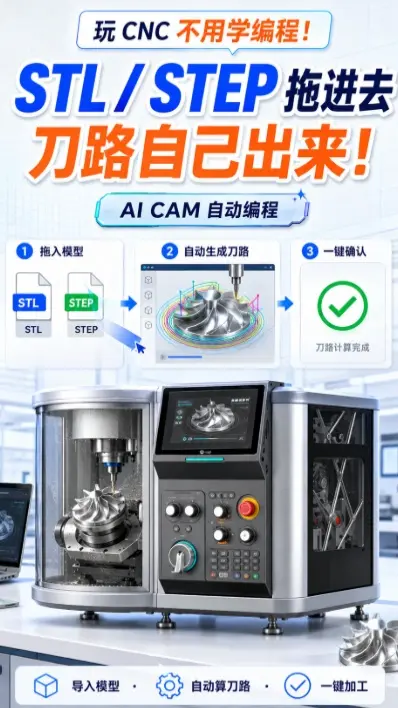 玩CNC终于不用学编程了！ STL/STEP拖进去，刀路自己出来