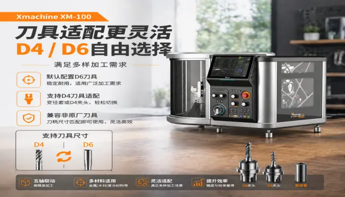 Xmachine XM-100桌面五轴CNC加工中心支持D4与D6刀具的适配方案