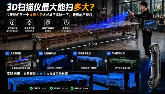 3D扫描仪最大能扫多大，今天我们用一个4米8的大长桌子实验一下，看看能不能扫