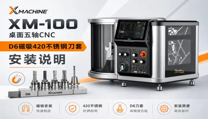 Xmachine XM-100 桌面五轴CNC：D6磁吸420不锈钢刀套安装说明