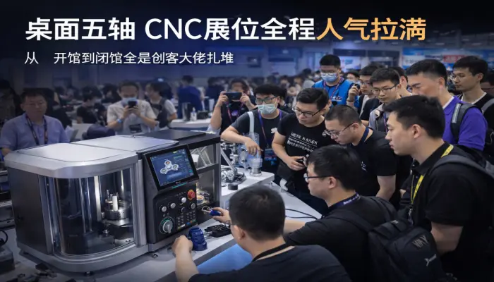 桌面五轴CNC展位全程人气拉满从开馆到闭馆全是创客大佬扎堆_围在一起唠技术聊创作工程师直接在现场