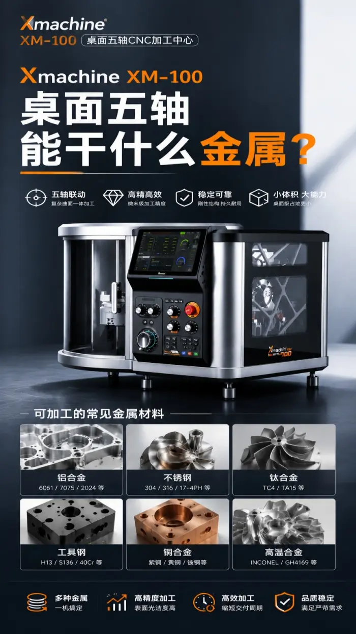 XmachineXM-100桌面五轴能干什么金属?
不锈钢、铝合金、黄铜都是小case,还想看我们干什么?
