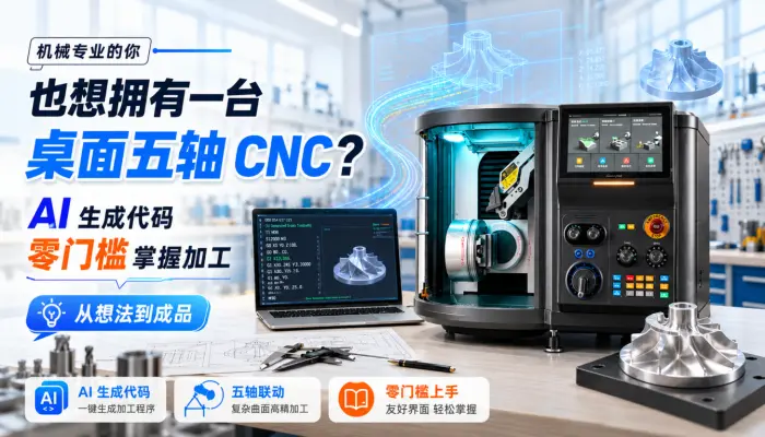 桌面级五轴CNC,AI生成代码,零门槛掌握加工。机械专业的你你有曾想过拥有一台属于自己的五轴CNC吧！