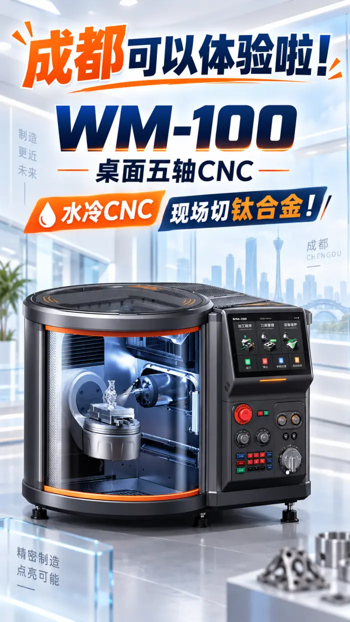 成都可以体验WM-100桌面五轴CNC啦！ 水冷CNC，现场切钛合金！
