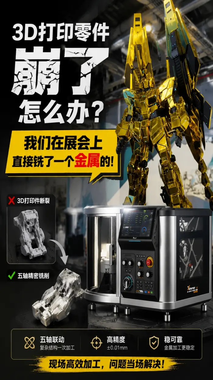 3D打印零件崩了怎么办？我们在展会上直接铣了一个金属的。