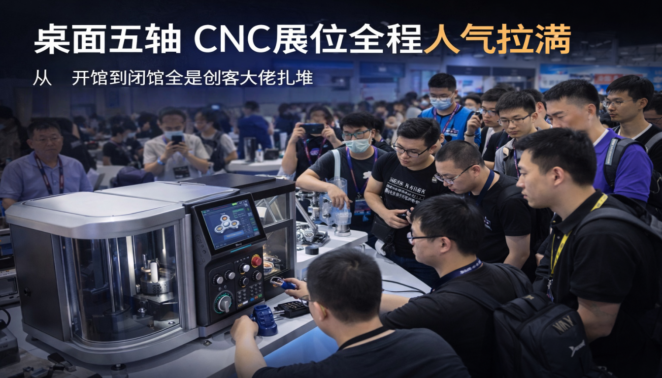 桌面五轴_CNC_展位全程人气拉满从开馆到闭馆全是创客大佬扎堆_围在一起唠技术聊创作工程师直接在现场