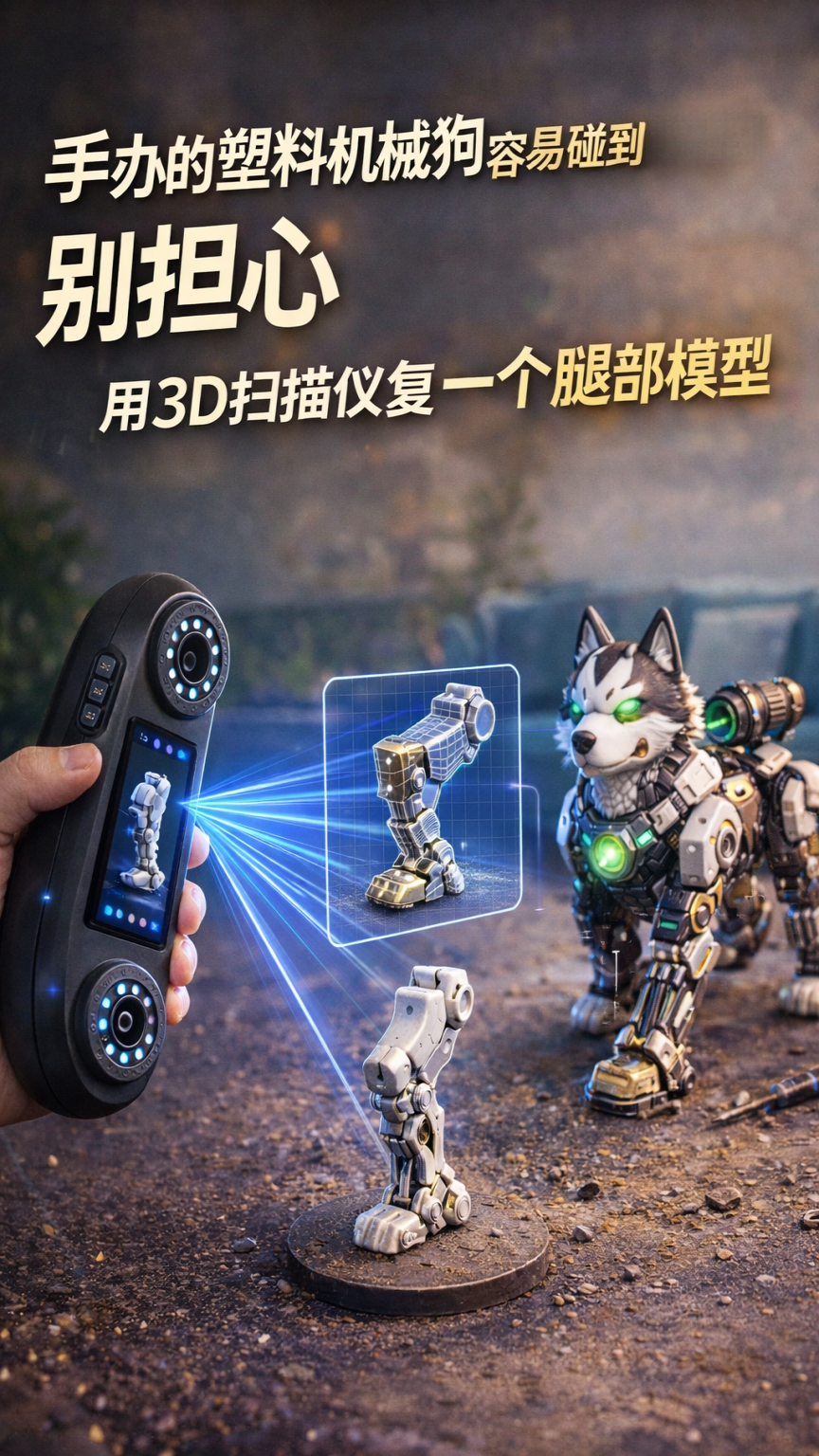 手办的塑料机械狗容易磕到碰到？别担心 用3D扫描仪复刻一个腿部模型，为你的爱犬换上金刚不坏腿，附带扫描小技巧