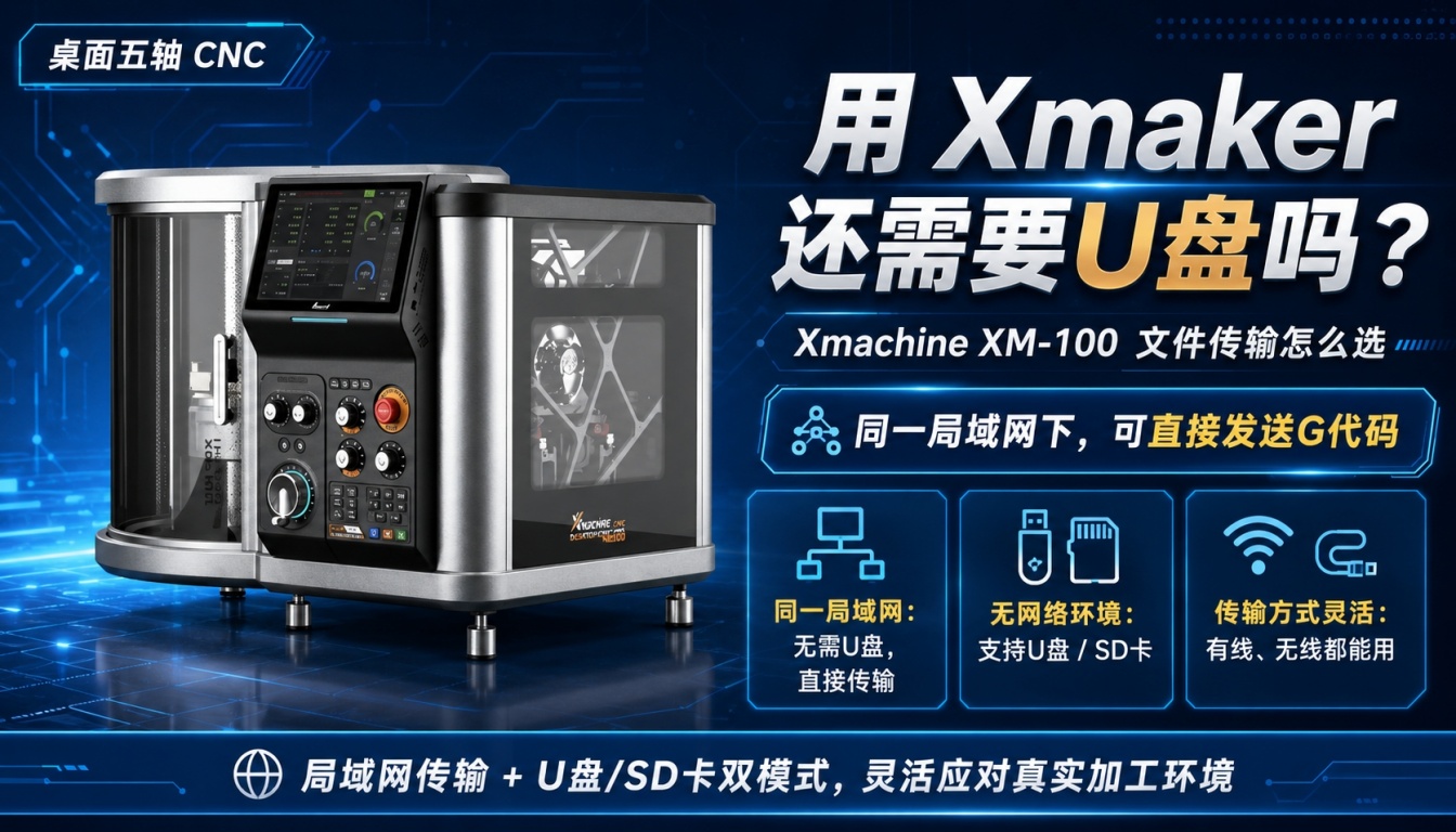 maker软件传G代码还要U盘吗？Xmachine XM-100桌面五轴CNC局域网无线传输