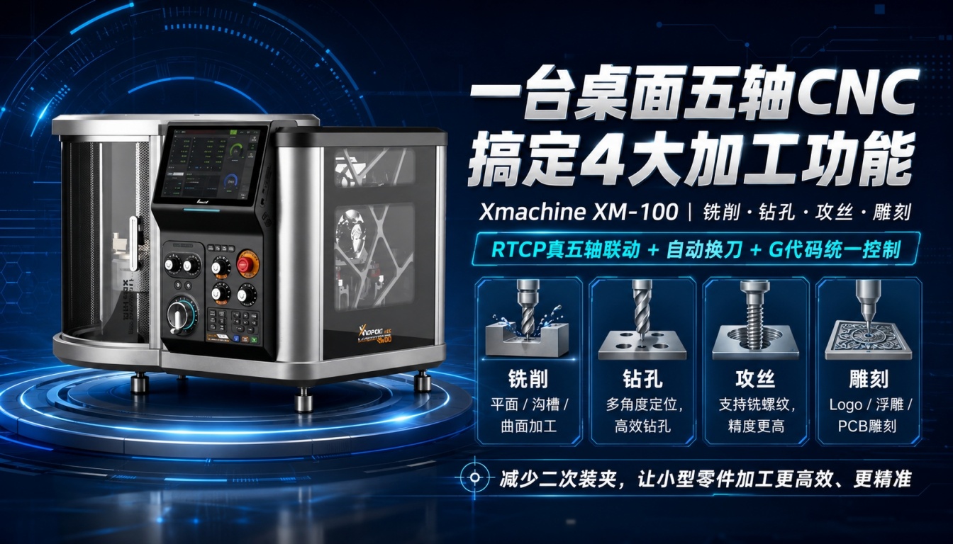 Xmachine XM-100桌面五轴CNC加工功能详解：铣削、钻孔、攻丝、雕刻