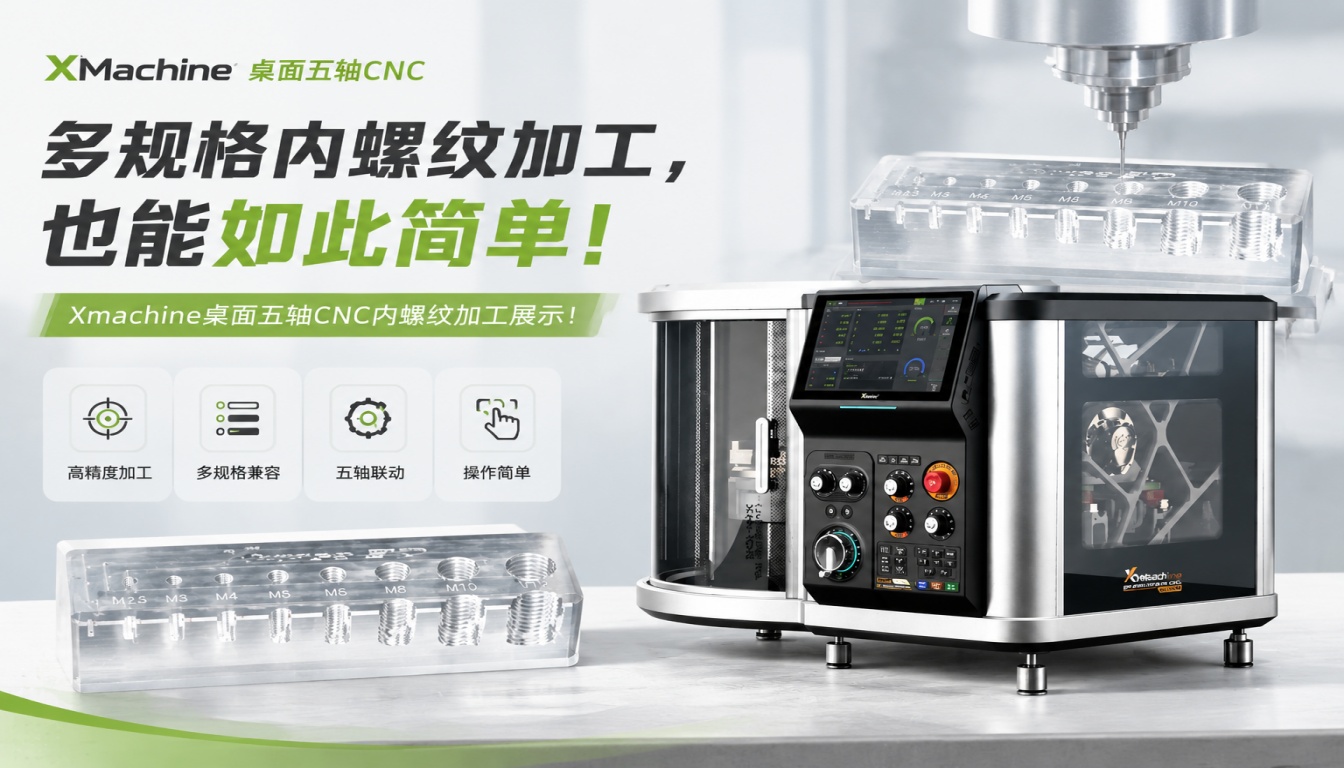 多规格内螺纹加工，也能如此简单！| Xmachine桌面五轴CNC内螺纹加工展示！