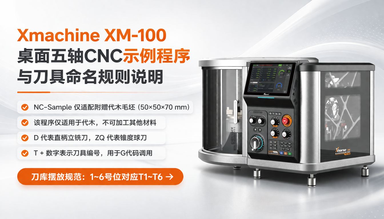 Xmachine XM-100桌面五轴CNC示例程序与刀具命名规则说明